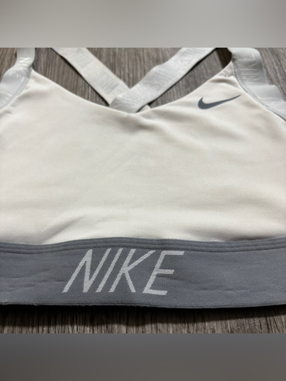 Nike Dri-FIT Sports Bra Women Small White Gray Light Support Strappy Logo